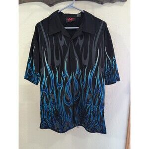 Dragonfly Co Mens Size L Black Blue Flames Print Button Up Shirt (U3)